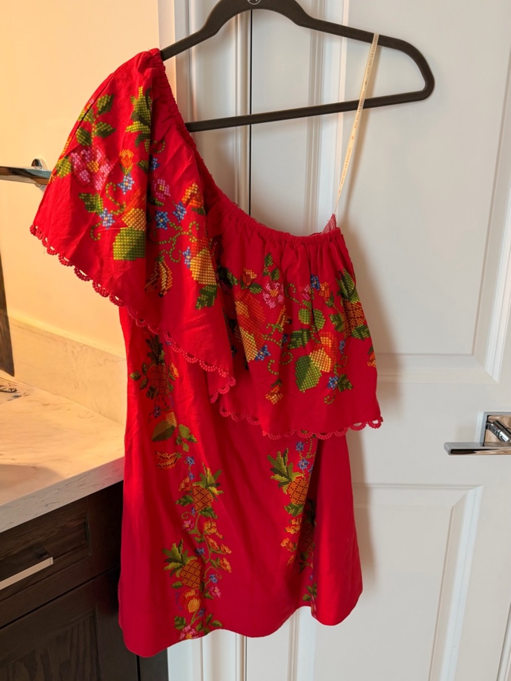 FARM Rio Red One-Shoulder Mini Dress with Colorful Pineapple Embroidery